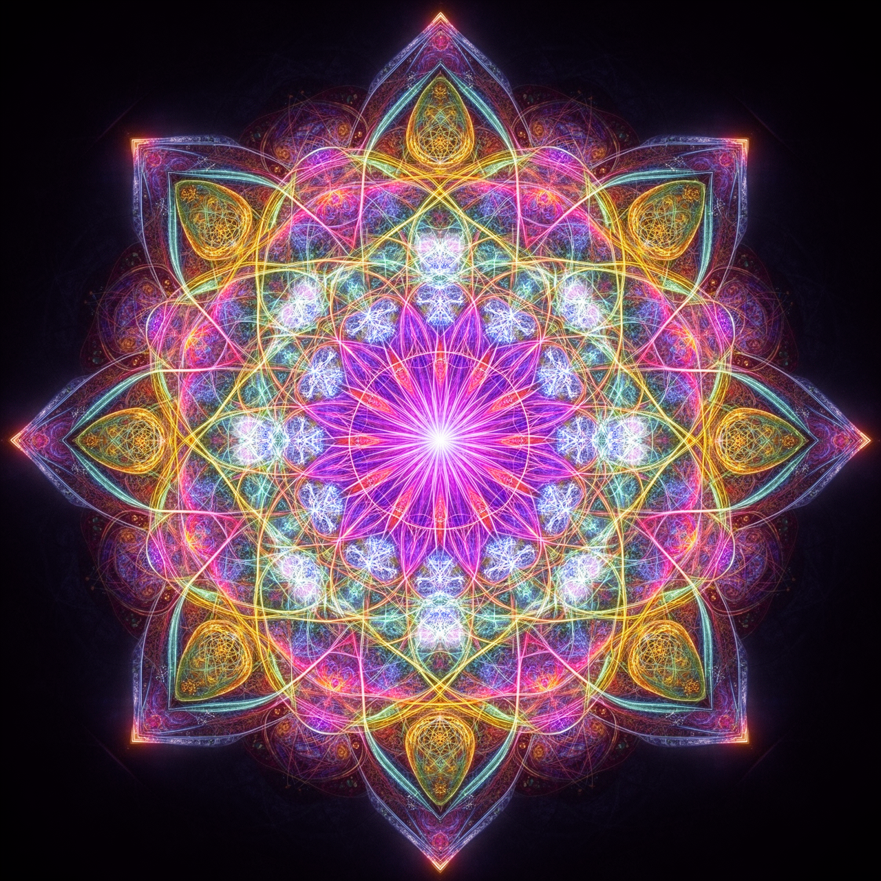 Intricate geometric mandala pattern, sacred geometry, vibrant colors, symmetrical design, fractal details, glowing edges, ultra detailed, digital art