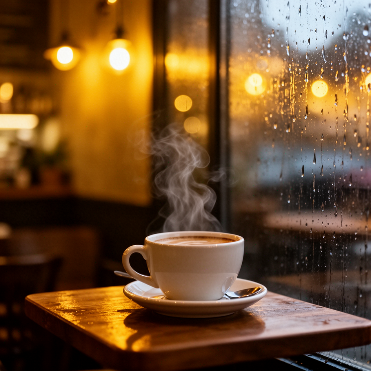 Cozy cafe interior on a rainy day, warm yellow lights, raindrops on window, steam rising from coffee cup, soft bokeh, cinematic lighting, photorealistic