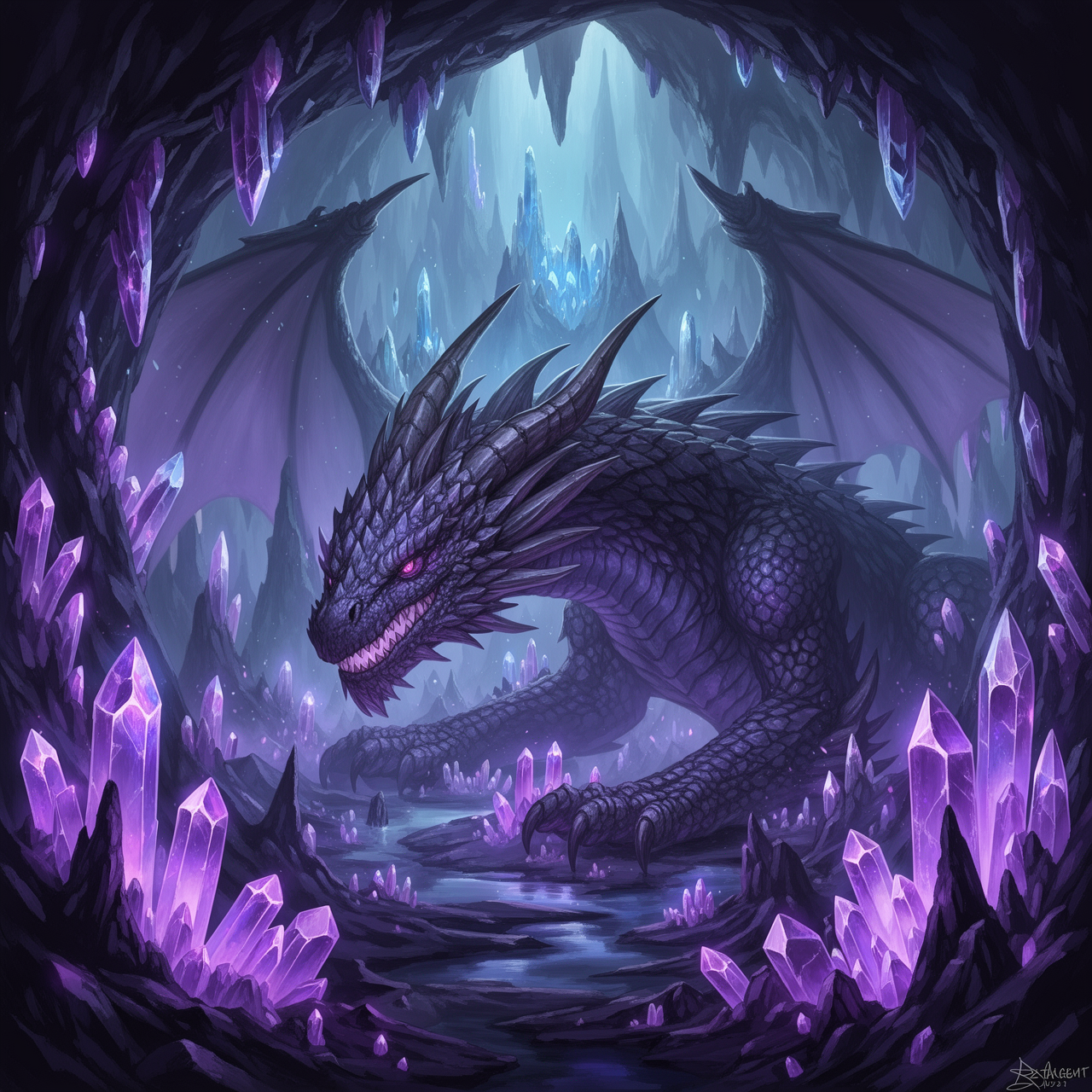 Massive crystal cave with a colossal dragon resting inside, glowing purple and blue crystals, mystical atmosphere, dramatic lighting, fantasy art, highly detailed, epic scale